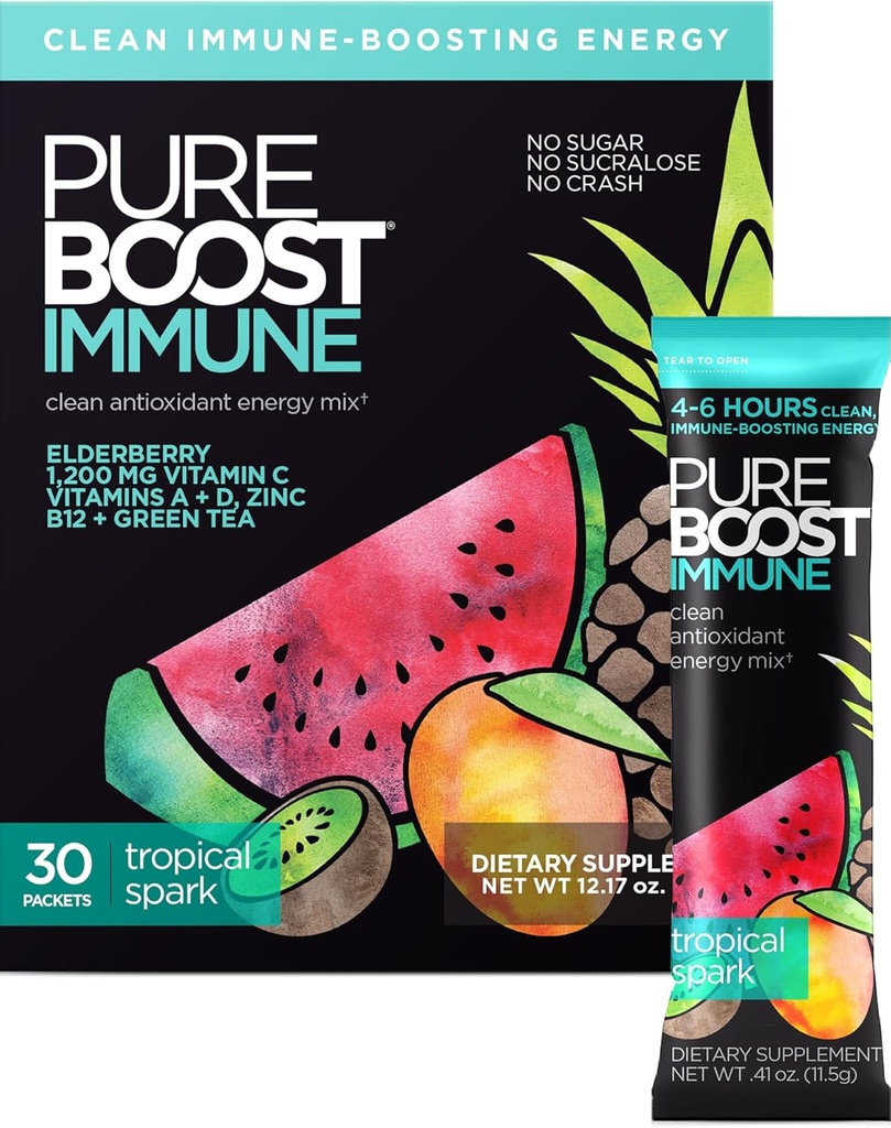 Pureboost Immune Clean Energy Booster, Refreshing Energy Drink Mix and Immunity Supplement with Elderberry, 1,200 mg Vitamina C, Vitaminas A + D y Zinc. (Tropical Spark, 30 Count)