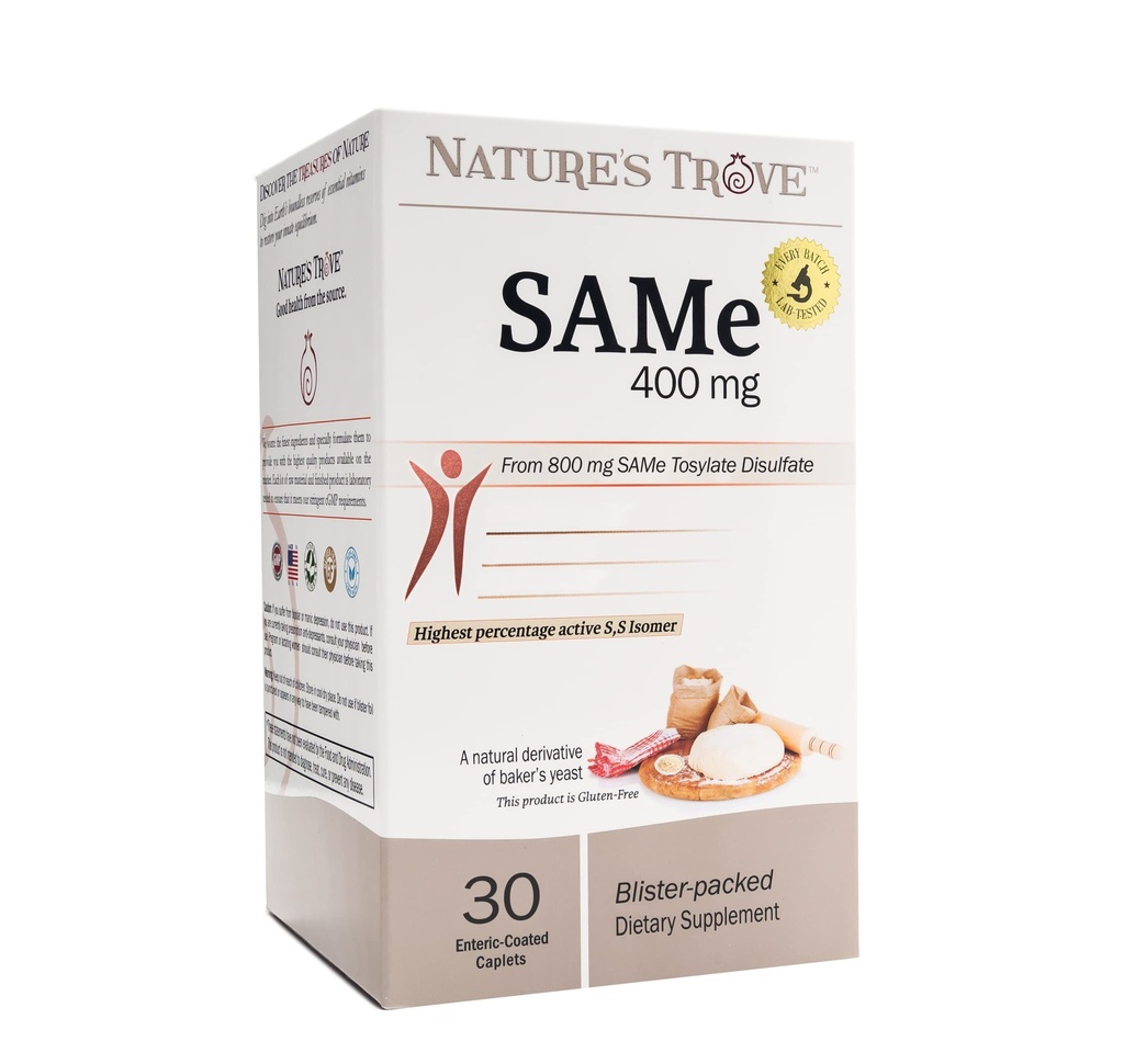 Trove de la naturaleza SAM-e 400mg 30 Enteric Coated Caplets. Vegan, Kosher, Non-GMO, Soy Free, Gluten Free - Mood and Joint Support - Cold Form Blister Packed.