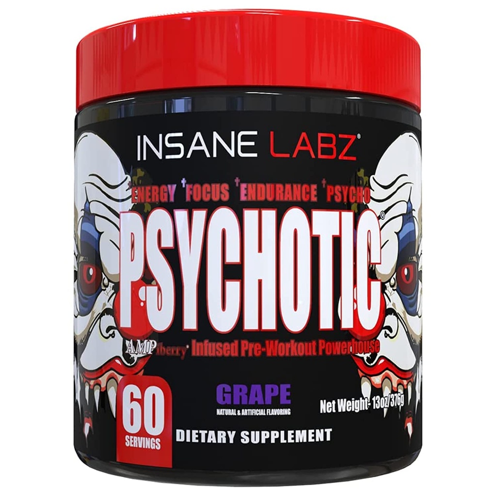 Insane Labz Psicotic, High Stimulant Pre Workout Powder, Extreme Lasting Energy, Focus and Endurance with Beta Alanine, Creatine Monohydrate, DMAE, 60 Srvgs, Grape