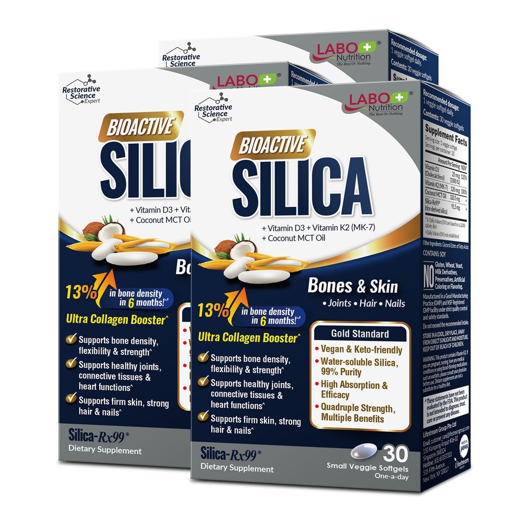 LABO Nutrición Bioactive Silica – Para el cabello, la piel, las uñas, la formación de colágeno, la fuerza de bonificación conjunta de bonificación – Soporte de salud de bonificación " Collagen Booster– 99% Purity Rice-Derived Silica Suplemento, 30 Vegan Softgel