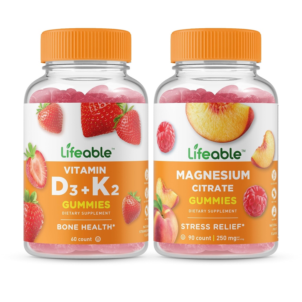 Vitamina útil D3 + Vitamina K2 + Magnesio 85mg, Gummies Bundle - Gran Tasting, Suplemento de vitamina, Gluten Gratis, GMO Gratis, Chewable Gummy