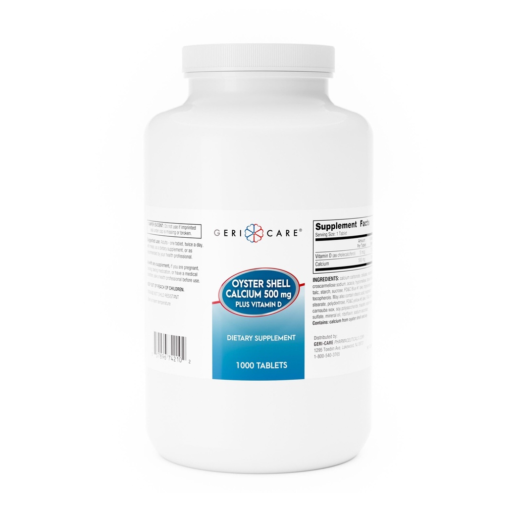 GeriCare Oyster Shell Calcio 500mg + Vitamina D, Bone Health, Suplementos Nutricionales Tablets, 1000 Conde (Pack of 1)