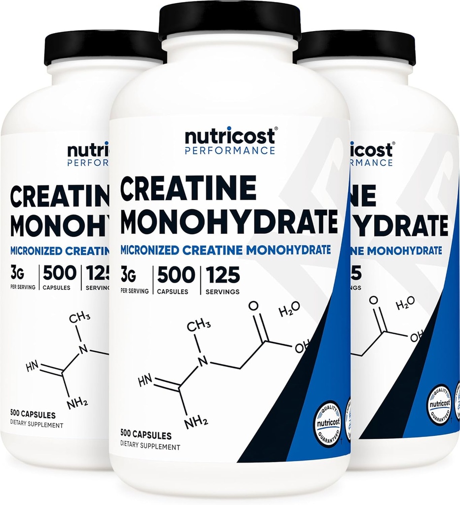 Nutricost Creatine Monohydrate 3000mg (750mg Por Cap), 500 cápsulas (3 botellas)