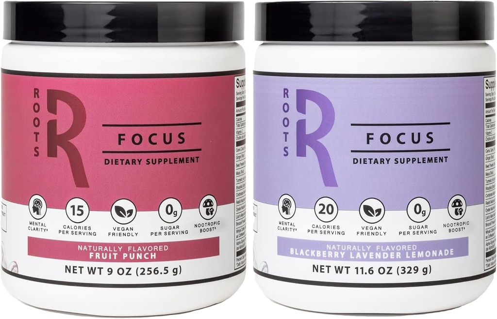 Roots Focus Nootropic Brain Supplement - Fruit Punch & Blackberry Lavender Lemonade- Lions Mane, Cordyceps & Reishi Funal Mushrooms+ Caffeine de liberación ampliada, 100 servicios