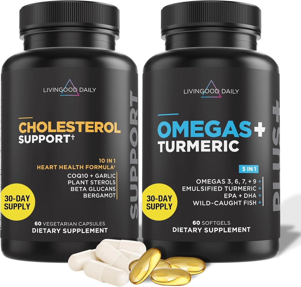 Livingood Daily Cholesterol Support, 60 Vegetarian Capsules - CoQ10, Plant Sterols, Plant Sterols, Bergamot, &amp; Garlic Supplements Support Heart Health & Health & Healthy Lipid Production - Non-GMO & Vegan