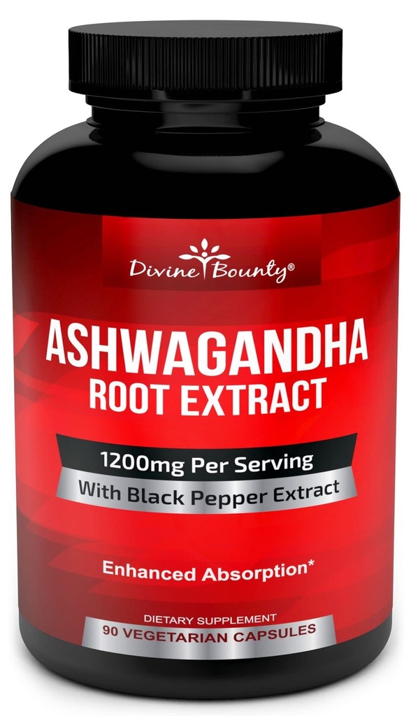 Divinidad Bounty orgánica Ashwagandha Capsules - 1200mg Ashwagandha Powder con Pepper Negro para la absorción mejorada - Ashwaganda Suplemento para la calma & Mood Apoyo - 90 cápsulas vegetales