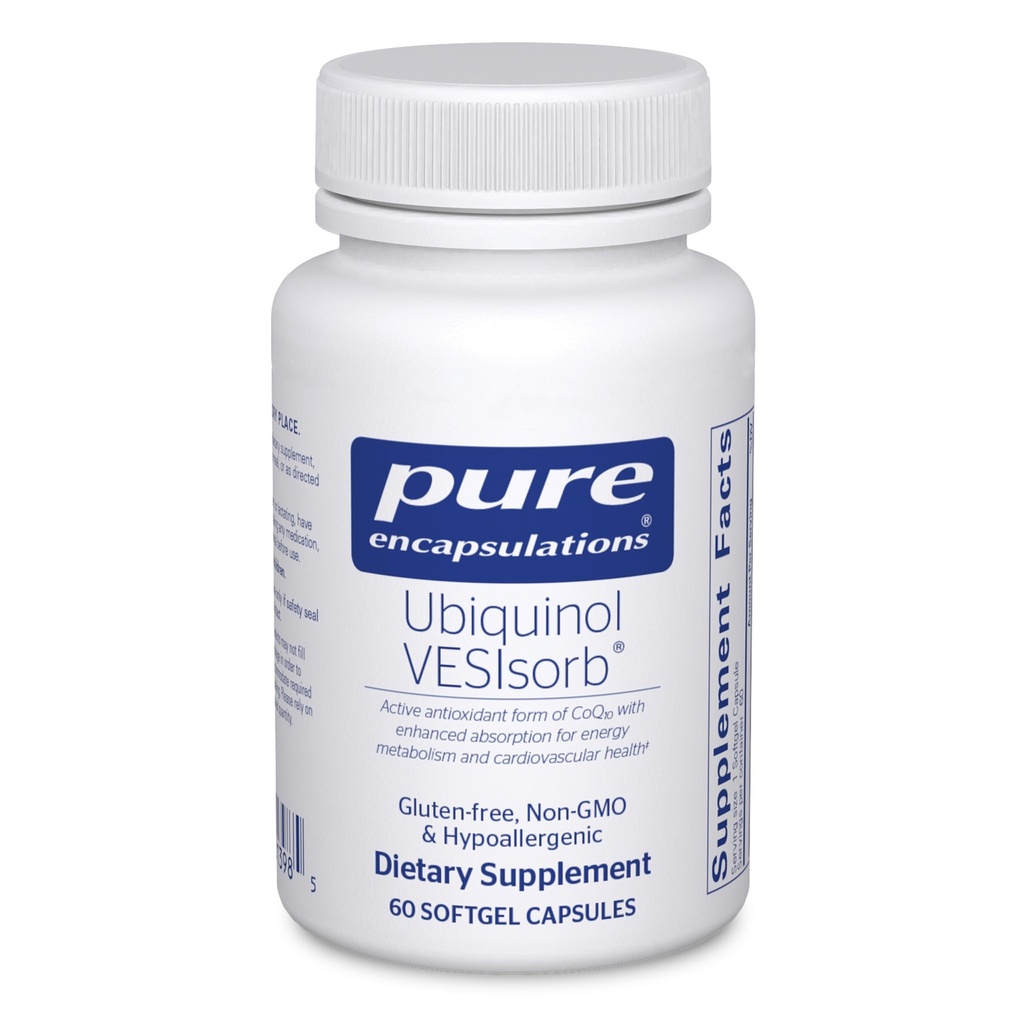 Pure Encapsulations Ubiquinol VESIsorb TEN Hypoallergenic Supplement TEN Enhanced Absorption of Active Antioxidant Form of CoQ10 ← 60 Caplique Capsules