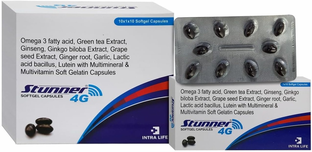 STUNNER-4G SOFTGEL CAPS inseng Extracto Powder 42.5mg + Wheat Germ Oil 25mg + Citrus Bioflavonoids 20mg + Grape Seed Extract 15mg + Carotenoides mixtos naturales (10% Dispersión)11.33mg + Green Tea Extract