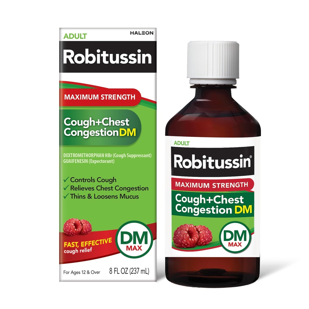 Robitussin Adulto Máximo Tos de Fuerza + Congestión de Chest DM Max (8 fl. oz. Botella), Tos Supresor &amp; Expectorant, Raspberry Flavor