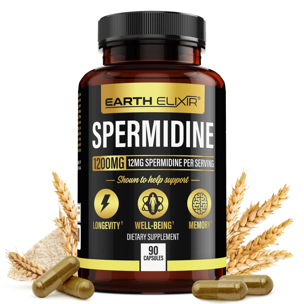 Elixir Spermidine Suplementos 1200mg (90 cápsulas) – Anti envejecimiento - 3er partido probado (12mg Spermidine Powder) Max Purity - 100% Pura Espermidina- Fermented Wheat Germ Extract - NMN Alternativa