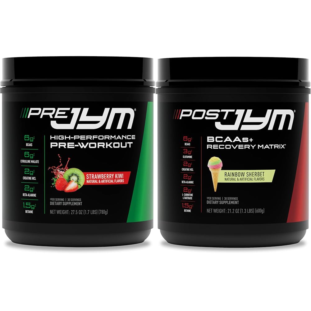 JYM Supplement Science PRE JYM 30 Servings - Strawberry Kiwi &amp; - Post-Workout with BCAA's, Glutamine, Creatine HCL, Beta-Alanine, and More Rainbow Sherbert Flavor, 30 Servings, 21.2 oz.