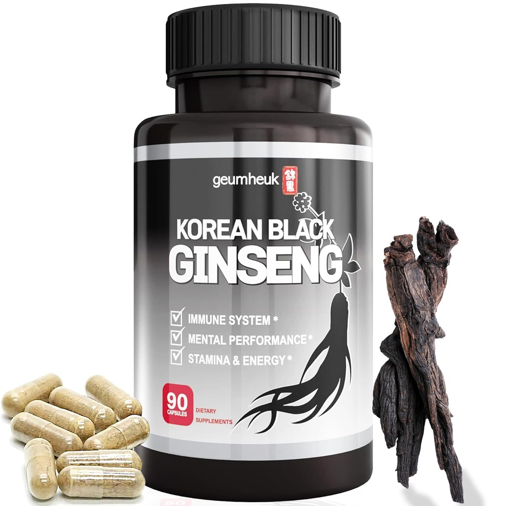 GeumHeuk Korean Black Panax Ginseng Capsule 1000mg - 90 Vegan Capsules Non GMO, High Ginsenosides, High Absorption Rate, Enhance Immunity, Mental Performance, Stamina & Energy, Men &amp; Women