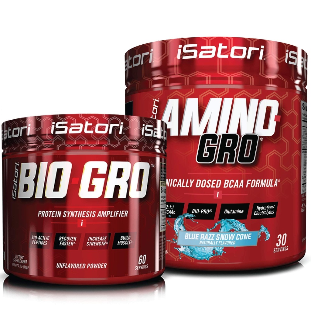 iSatori Bio-GRO Sintesis de proteínas Amplificador - Desarrollado (60 Servings) & iSatori Amino-GRO BCAA Powder - Blue Razz Snow Cone (30 Servings)