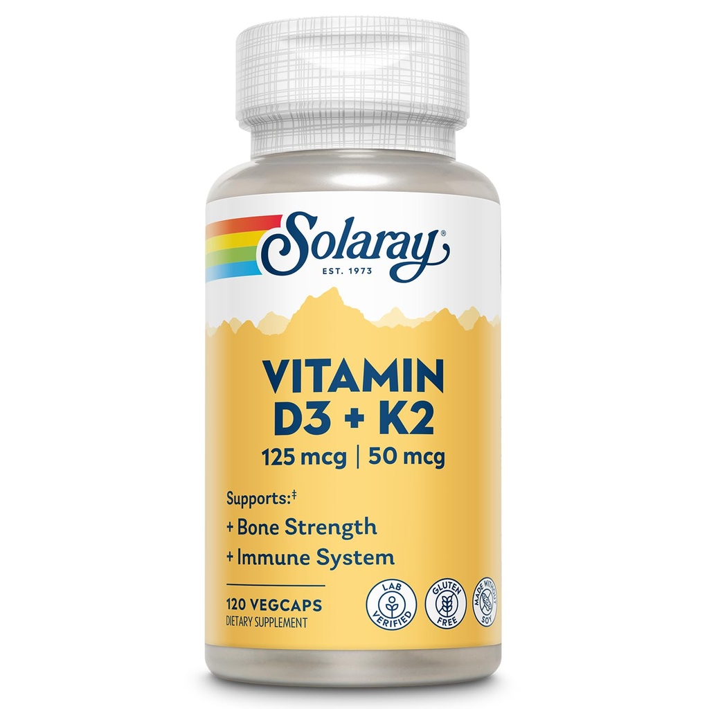 SOLARAY Vitamina D3 K2 - Bone Health and Immune Support Supplement - With 5000 IU Vitamin D as Vit D3 and 50 mcg Vitamin K2 as Menoquinone MK7, Made Without Soy, 60-Day Guarantee, 120 Serv, 120 VegCaps