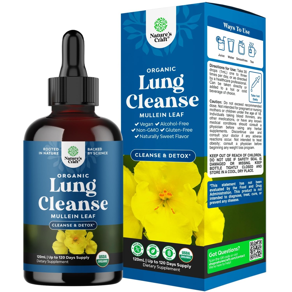 USDA Organic Mullein Drops for Lungs - Herbal Lung Detox &amp; Cleanse with Marshmallow Root Extract " Plantain Leaf for Respiratory Lung Health - Mullein Leaf Tincture Drops for Breathing Support - 120ml
