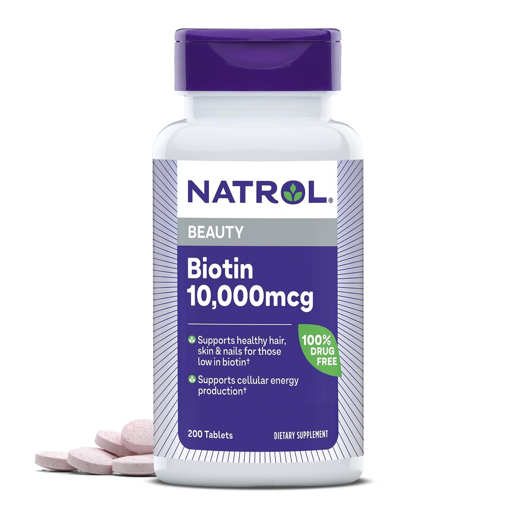 Natrol Biotin 10000mcg, Suplemento para el cabello sano, la piel y las uñas para los bajos en biotina, Plus Energy Metabolism Support, 200 Tablets, hasta 200 Day Supply
