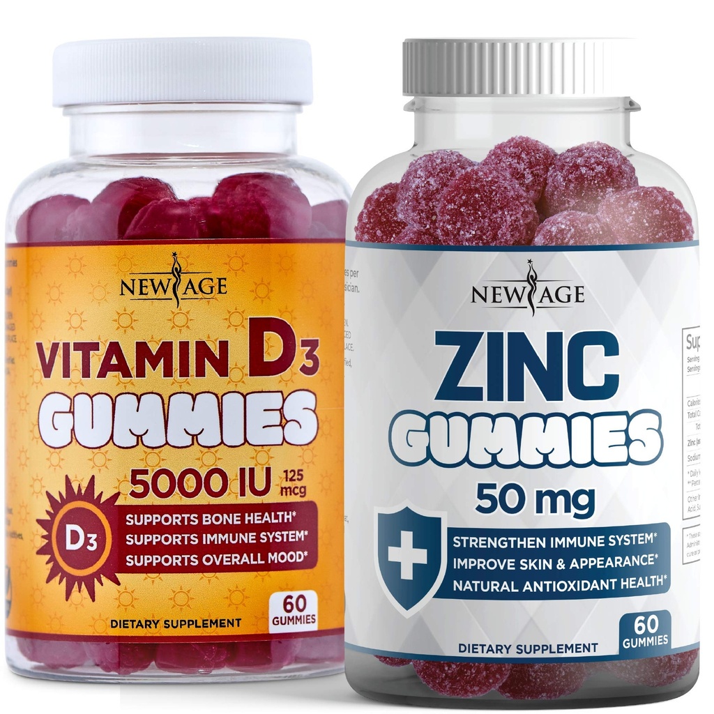 NUEVA AGE Immune Defense Combo - 2 Pack - Vitamina D3 Gummies 5000 UI 125mcg &amp; alta potencia Zinc Gummies, Immune Booster 120 Conde