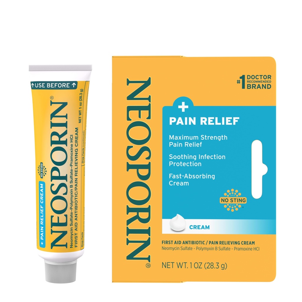 Neosporin + Crema de doble acción de alivio de la tensión máxima, primeros auxilios Criatura antibiótica y analgésica para el cuidado de la herida de cortes menores, raspas y quemaduras, polimixina B & Pramoxina HCl, 1 oz