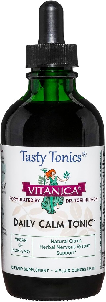 Vitanica Daily Calm Tonic, Natural Liquid Stress Relief Supplement, Dr. Formulated, Organic Lemon Balm, Kava Kava y Passion Flower, for Women, Men ' Adults, Vegan, 4 Ounce (Daily Calm Tonic)