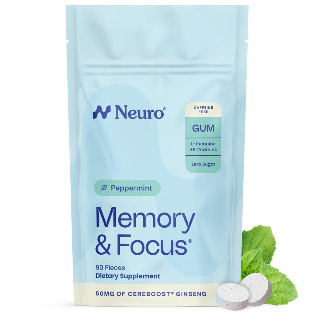 Neuro Memory & Focus Gum - Gum nootrópico con vitamina B12, vitamina B6, L-Theanine &amp; Ginseng Extract - Suplemento de Apoyo Natural del Cerebro - Píxeles Vegan, Caffeine &amp; Sugar - Peppermint, 90 ct