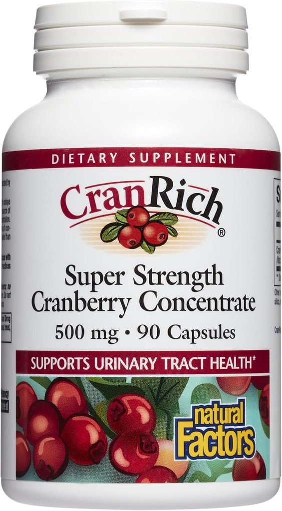 CranRich por Factores Naturales, Concentrado de Arándano de Superestrength, Suplemento Antioxidante para Soporte de Tracto urinario, No GMO, 90 cápsulas