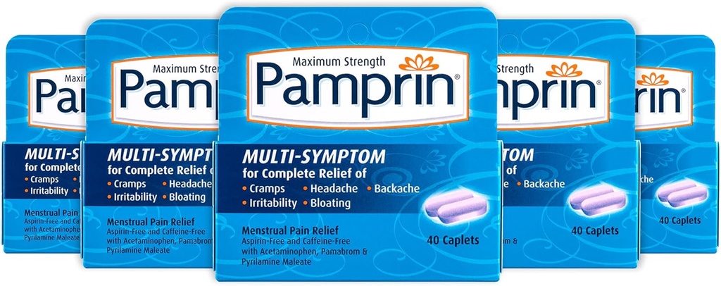Pamprin Multi-Symptom Formula, con Acetaminophen, Menstrual Period Symptoms Relief incluyendo calambres, dolor, irritabilidad y ruborización, 40 caplets (Pack of 5)
