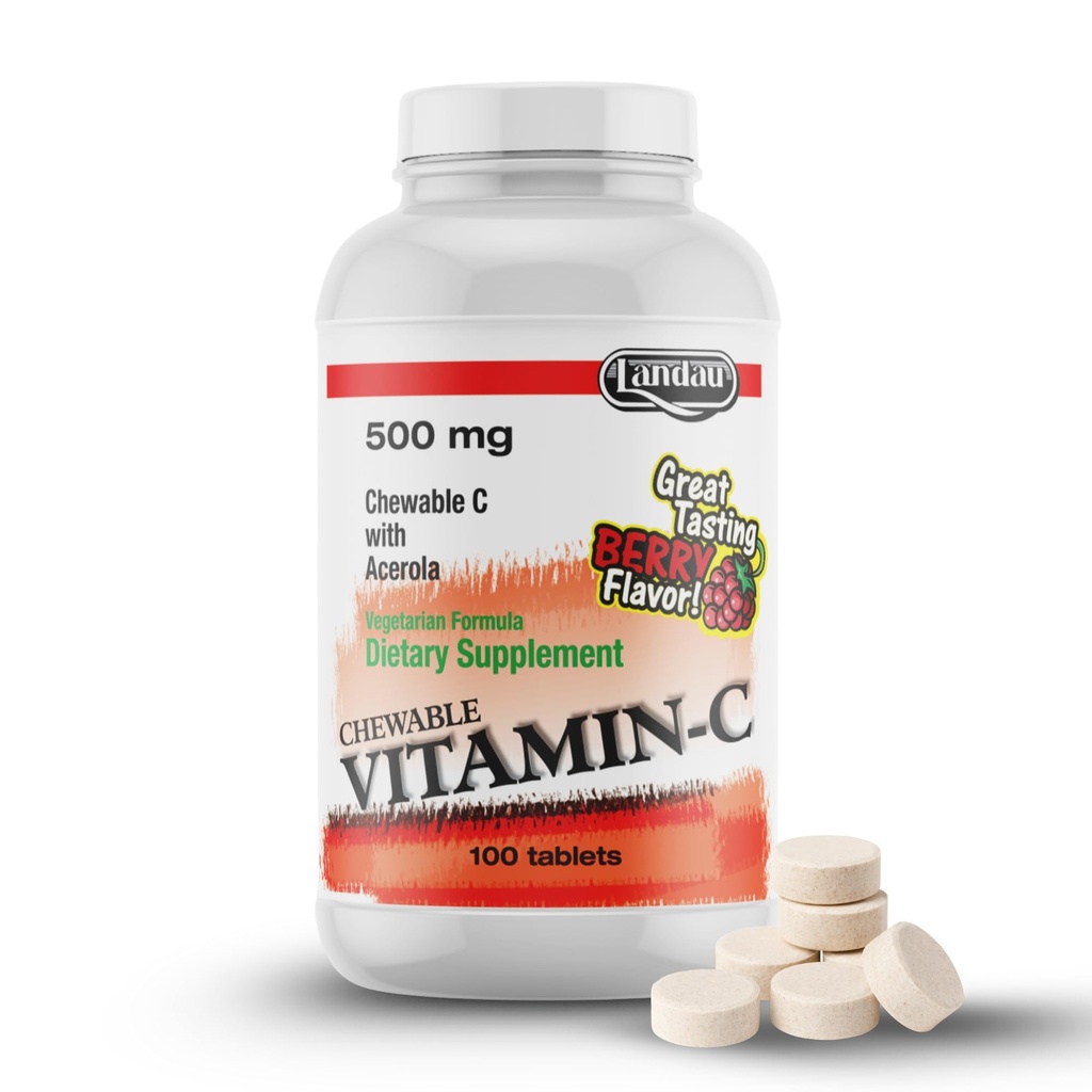 Landau 500mg Dulce de vitamina C para adultos de niños – Suplemento de vitamina C fácil de tomar con Acerola – Kosher &amp; Hecho en los EE.UU. – Gran sabor de Berry, 100 tabletas