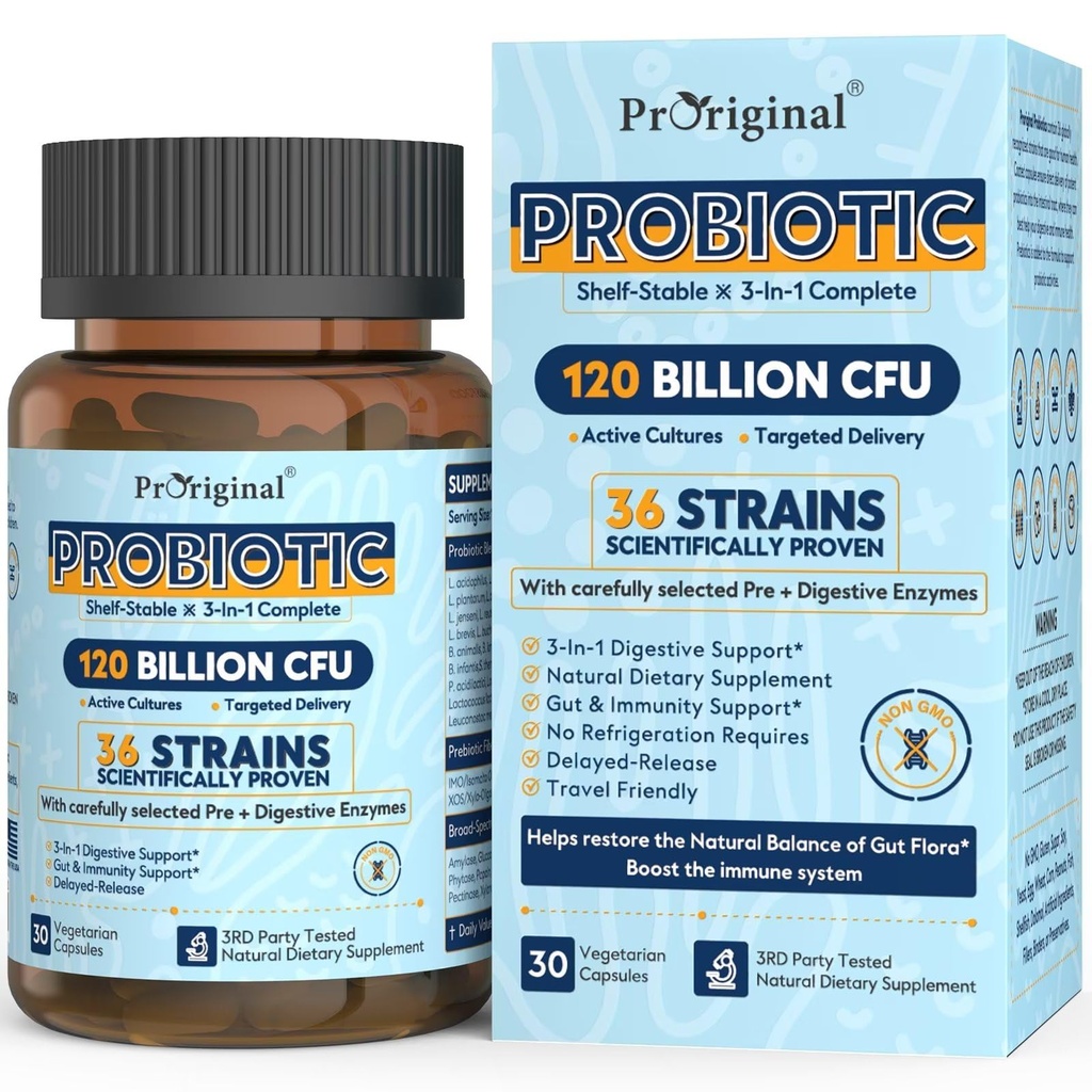 Probióticos para Mujeres y Hombres 120 Billones CFU con 36 Estrechos Probióticos para Salud Digestiva y Salud Gut, cápsulas de liberación retrasada, resistente al ácido estomacal, sin necesidad de refrigeración 30 cápsulas