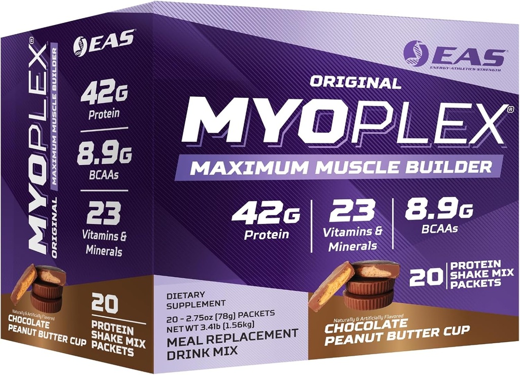 EAS Original Myoplex Maximum Muscle Builder, Meal Replacement Protein Mix ← Calidad Protein Blend tención 42g Protein, 20 Packet Individual (Chocolate Peanut Butter Cup)