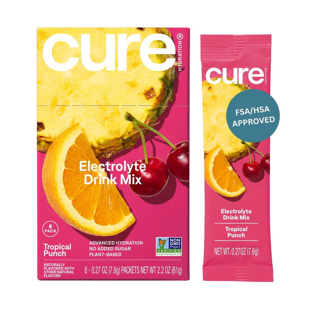 Cure Hydration ¦ Plant-Based Electrolyte Drink Mix ← No Añadido Sugar ← Dehydration Relief Powder Hecho con Coconut Water ← Non-GMO ← Vegan tención Caja de 8 Packets - Tropical Punch