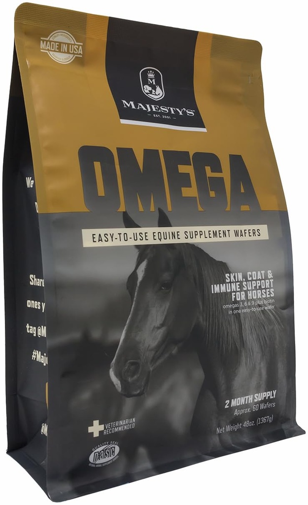 Omega Wafers de Majestad - Caballo Superior / Equino Skin, Carne y Apoyo Inmunitario Suplemento - Omega 3, 6, 9, y Biotina - 60 Cuenta (2 Mes de Suministro)