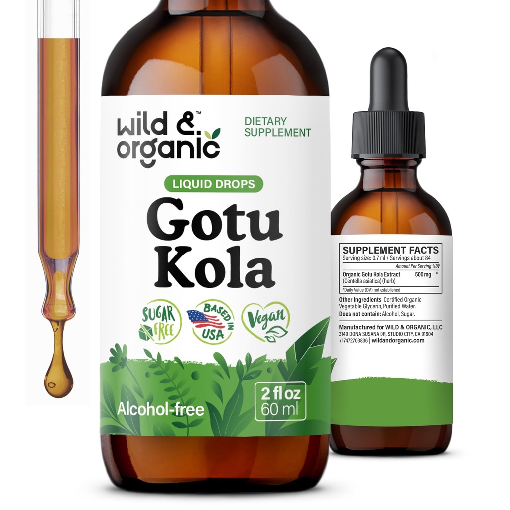 Wild & Organic Gotu Kola Herb Tincture - Cerebro Soporte - Gotu Kola Liquid Extract Drops - Vegan, Sugar &amp; Alcohol-Free Centella Asiatica Suplemento - 2 fl oz