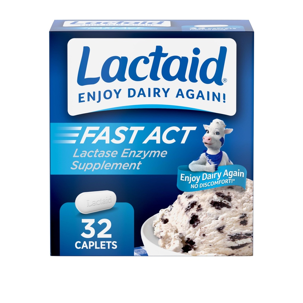Lactaid Fast Act Lactose Intolerance Caplets with Lactase Enzyme to Prevent Gas, Bloating " Diarrhea Due to Lactose Sensitivity, Ideal para viajar " On-The-Go, 32 Packs of 1-Count