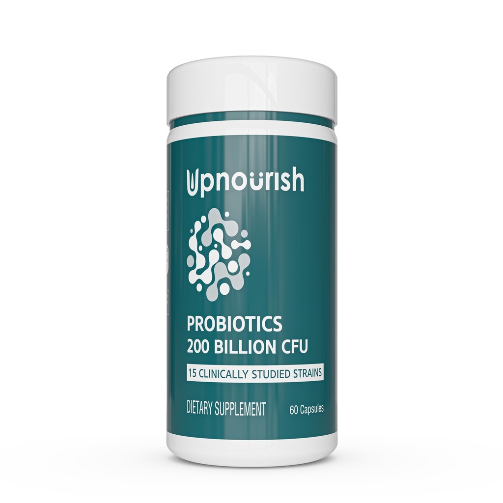 UpNourish Probiotics - 200 Billion CFUs para Hombres y Mujeres, 15 Estrasas clínicamente Estudiadas, Prebióticos & Enzymes - 60 cápsulas veganas