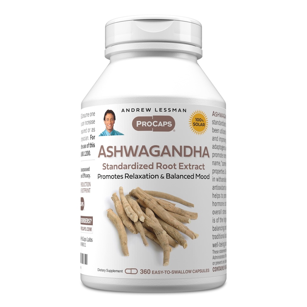 ANDREW LESSMAN Ashwagandha 360 Capsules - Standardized Ashwagandha Extract. Promueve la relajación, el humor positivo, el bienestar general y la realidad. Cápsulas pequeñas fáciles de absorber