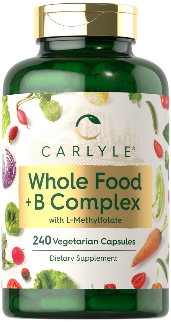 Carlyle Vitamin B Complex Whole Foods Blend ← 240 Capsules ← Daily Multivitamin for Hombres y Mujeres Silencio con B1, B2, B6, B12, Folate, Niacin, y L-Methylfolate