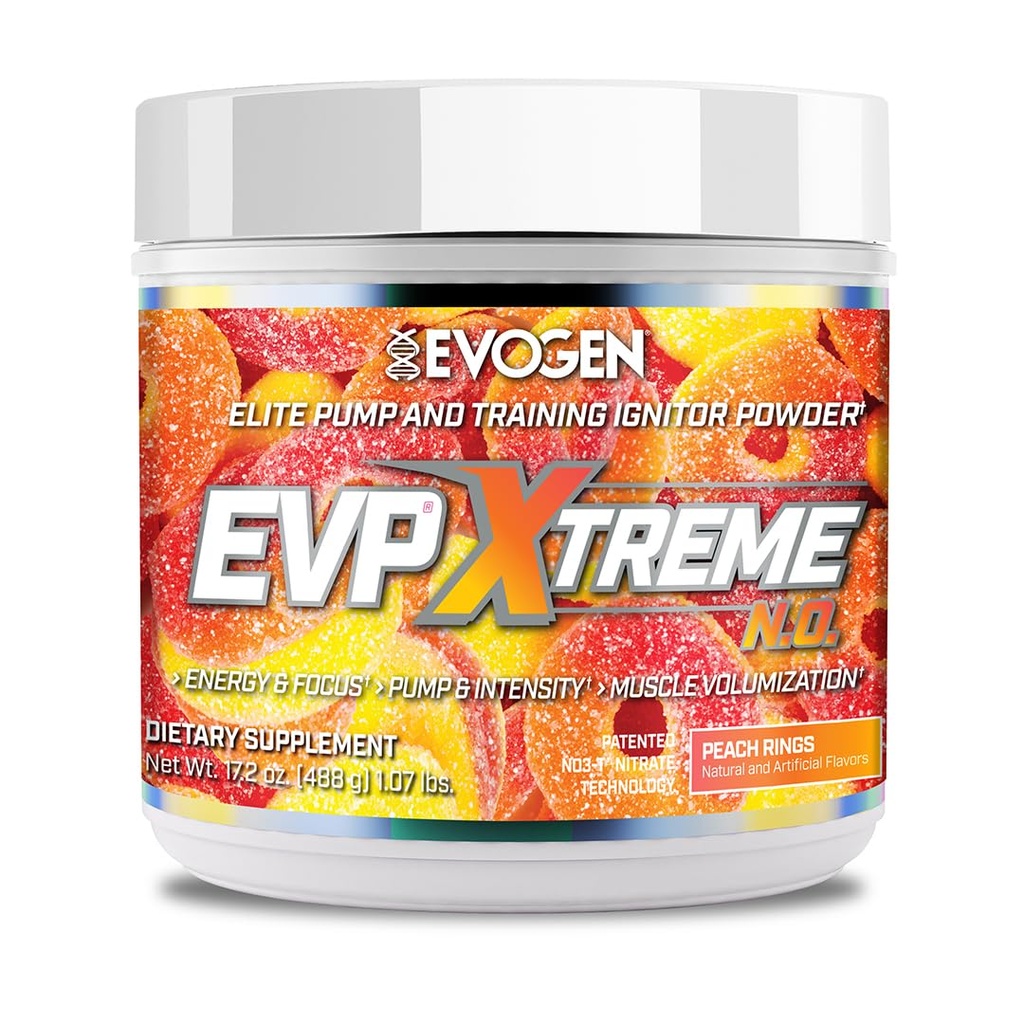 Evogen EVP Xtreme NO - Pre Workout Powder para Hombres &amp; Mujeres Silenciosos Sugar Free Preworkout with Beta Alanine, Creatine, and Caffeine for Energy &amp; Pump ← Peach Rings