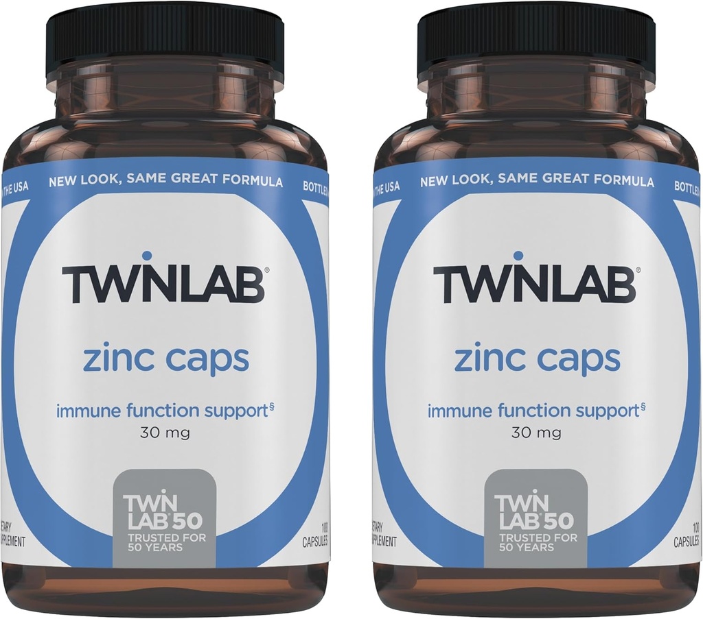 Twinlab Zinc Caps - Suplemento de apoyo inmunitario - Zinc Picolinate " Zinc Gluconate - Suplemento puro de Zinc para Defensa Inmunitaria, Esquía Saludable, Síntesis de ADN, Metabolismo y Crecimiento - 30mg, 100 Caps - 2 Pack