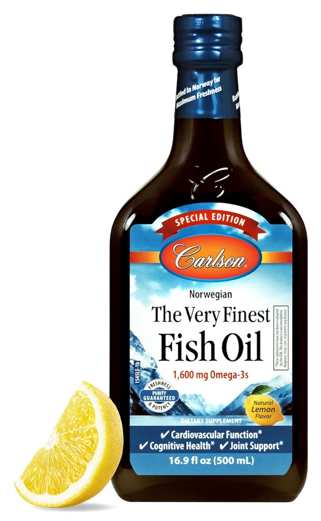 Carlson - The Very Finest Fish Oil, Special Edition, 1600 mg Omega-3s, Liquid Supplement, Norwegian Fish Oil, Wild-Caught, Sustentably Sourced Liquid, Lemon, 500 mL (16.9 Fl Oz)