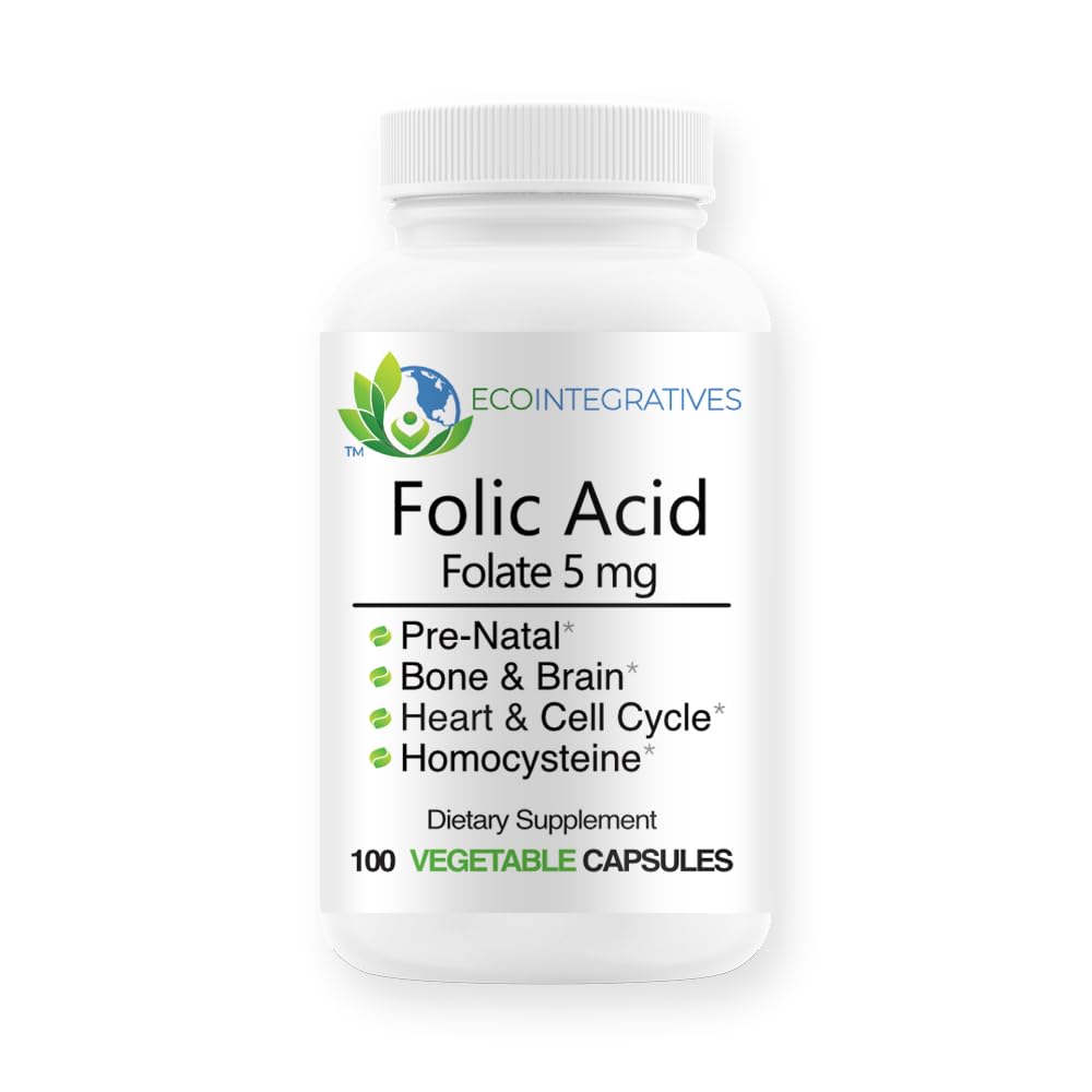 Folato de ácido fólico 5mg (B9) Salud prenatal, Reproductiva, Homocysteine, Metabolismo, Cardiovascular, Hueso, Apoyo Inmunitario, Libre de Alérgenos, No GMO - 100 cápsulas veganos