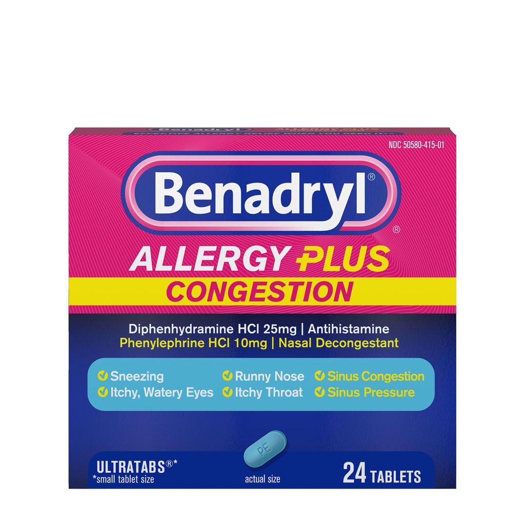 Benadryl Allergy Plus Congestion Ultratabs, Medicina con Diphenhydramine HCl Antihistamina " Fenilephrine HCl Nasal Decongestant, Alergía " Sinus Congestion Relief Tablets, 24 ct