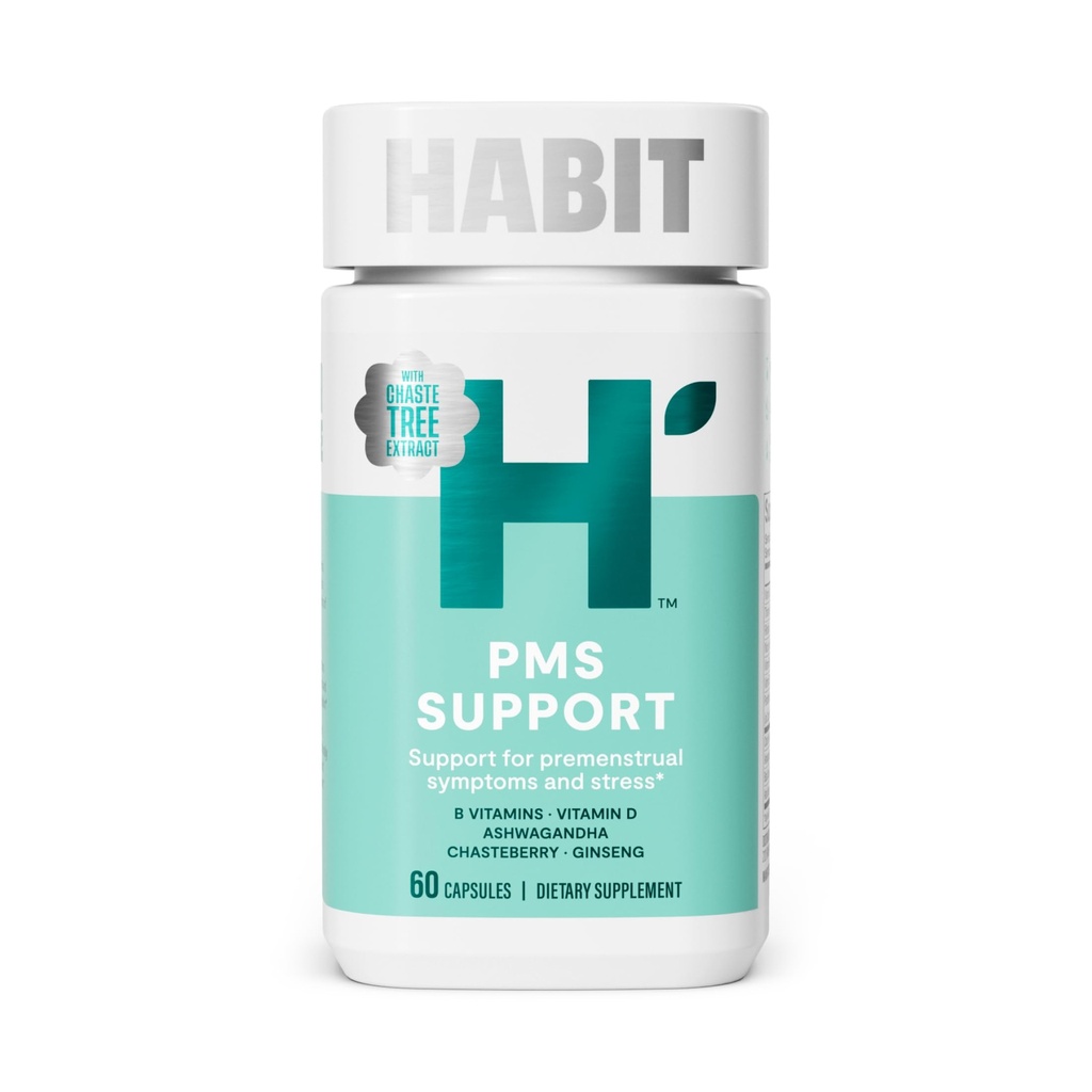 Hábito PMS Apoyo Suplemento para Mujeres (60 Cápsulas) - Apoya los síntomas premenstruales " Estrés, Saldo hormonal, Mood, Vitaminas B, Vitamina D, Chasteberry, Ashwagandha, Libre de gluten, No GMO (1 Pack)