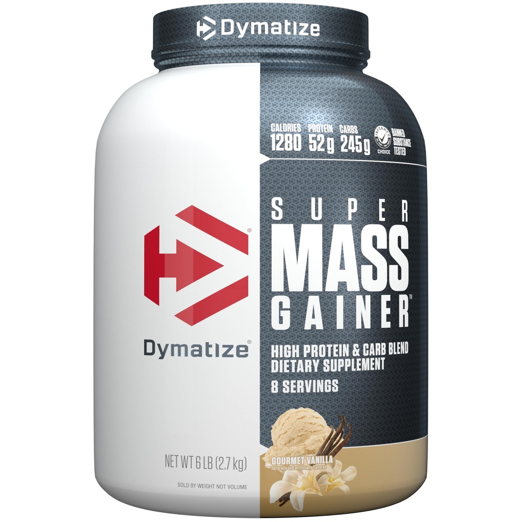 Dymatize Super Mass Gainer Protein Powder, Gourmet Vanilla, 52g Protein, 1g Creatine, 1280 Calories, 10.7g BCAAs, 245g Carbs, Contiene Whey Protein Powder, Isolate y Casein (8 Servings)