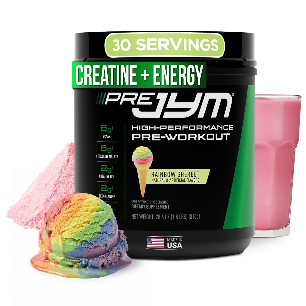 JYM Supplement Science Pre JYM Rainbow Sherbet Pre Workout Powder for Men &amp; Women, BCAAs, Nootropics, Creatine HCI, Citrulline, Beta-Alanine, Betaine, Taurine, Huperzine, 30 Servings