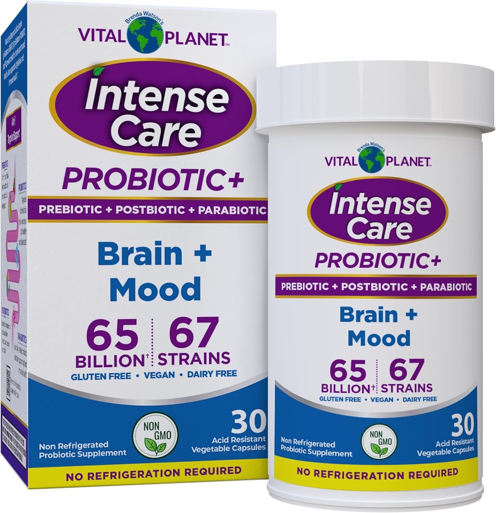 Planeta Vital - Cuidado Intenso Probióticos de Cerebro, Prebióticos Orgánicos, Postbióticos, Parabióticos, Suplemento completo de Salud 4 en-1 para Adultos, 65 Billones CFU, 67 Strains, Digestivo e Inmune 30 ct