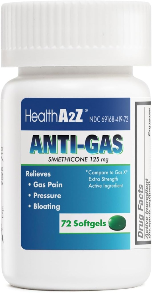 HealthA2Z® Gas Relief Simethicone Silencioso 125mg Silencio Alivio de Stomach Incomodidad y Gas Silencioso Anti Flatulence ¦ Alivia Gas Fast and Bloating (72 Condes (Pack of 1))