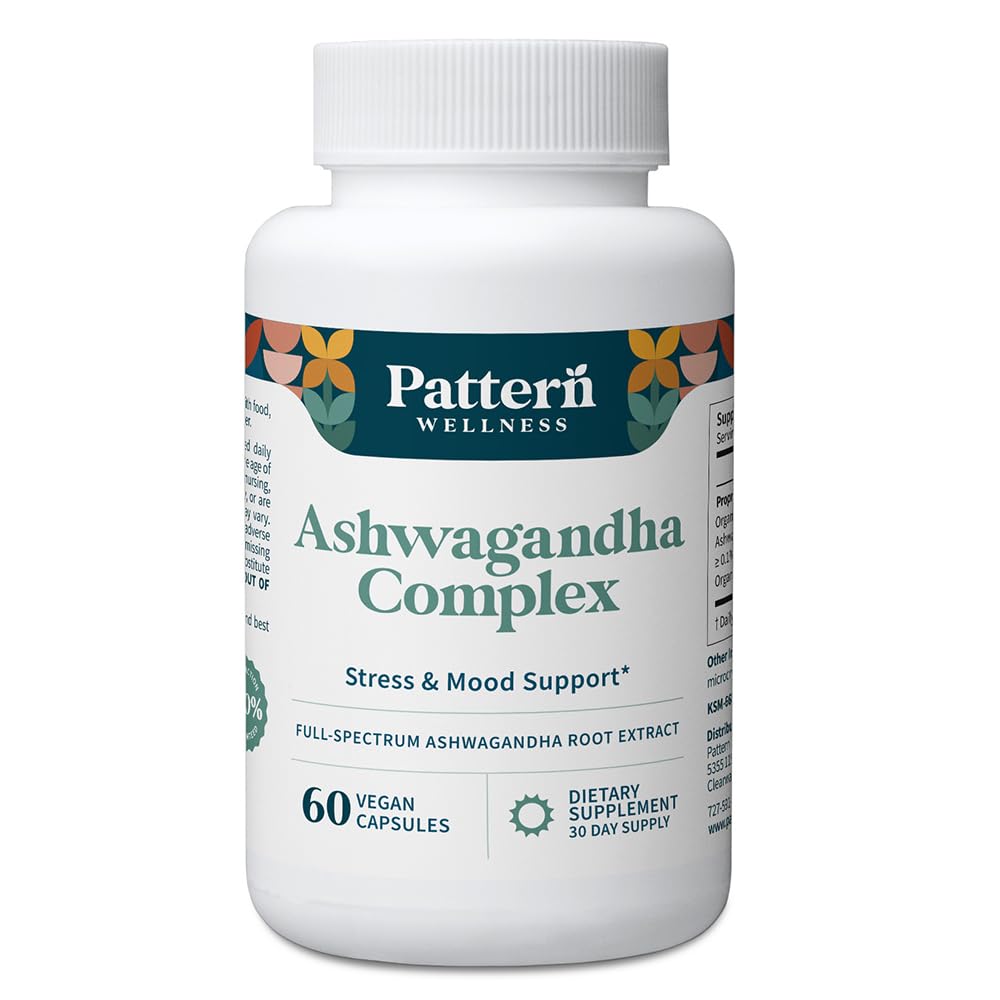 Pattern Wellness Complejo de Ashwagandha para Hombres - KSM-66 & Black Pepper Extract - Whole Body & Heart Health - Supports Stress & Mood - Non-GMO - 60 cápsulas Vegan