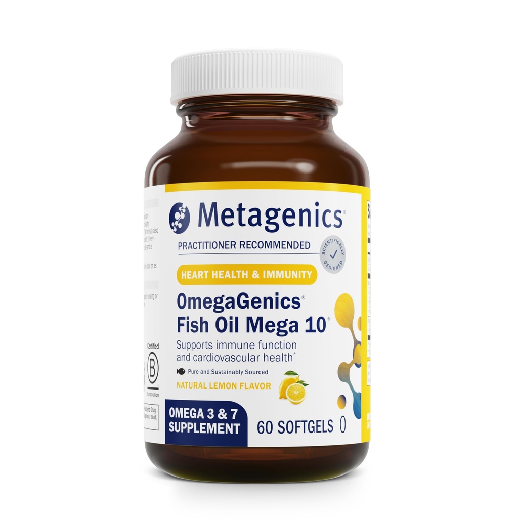 Metagenics Omega Genics Mega 10 Omega Suplemento- con Omega-7, 330 mg EPA & 170 mg DHA para la salud cardíaca*- Fuente sostenible " No Fishy Aftertaste - No Gluten-Free - 60 Softgels