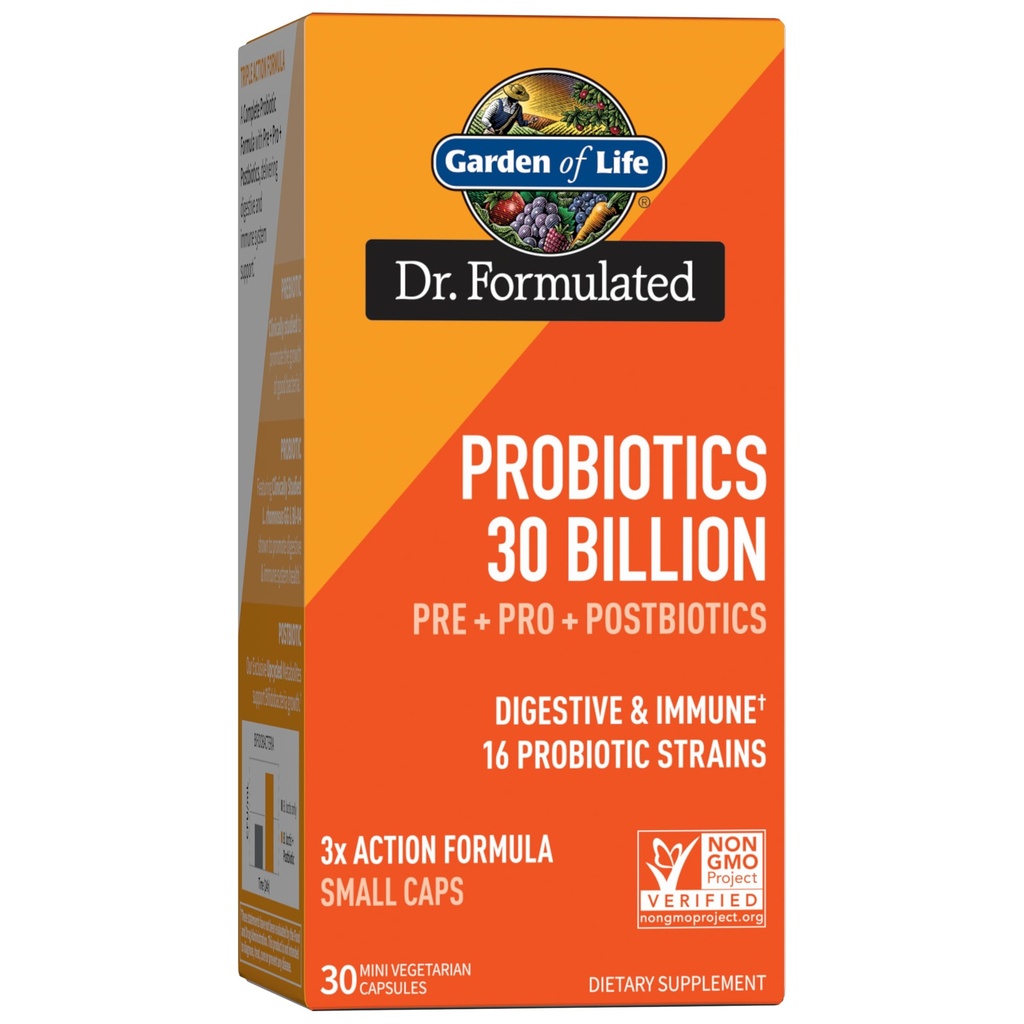 Jardín de la vida Dr Formulado Probióticos 30 Billones CFU Pre + Pro + Postbióticos para Hombres y Mujeres Apoyo Digestivo e Inmunitario, Potato, Acacia, Metabolitos Postbióticos, 30 Mini cápsulas vegetarianas