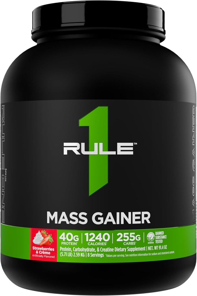 Regla 1 Ganador de Masa - Fórmula de alto nivel con 1.220+ Calories, 250g+ Complejo Carb Blend, 40g Proteína Todo Blanco Por Servir (8 Servimientos, Strawberries & Crème)